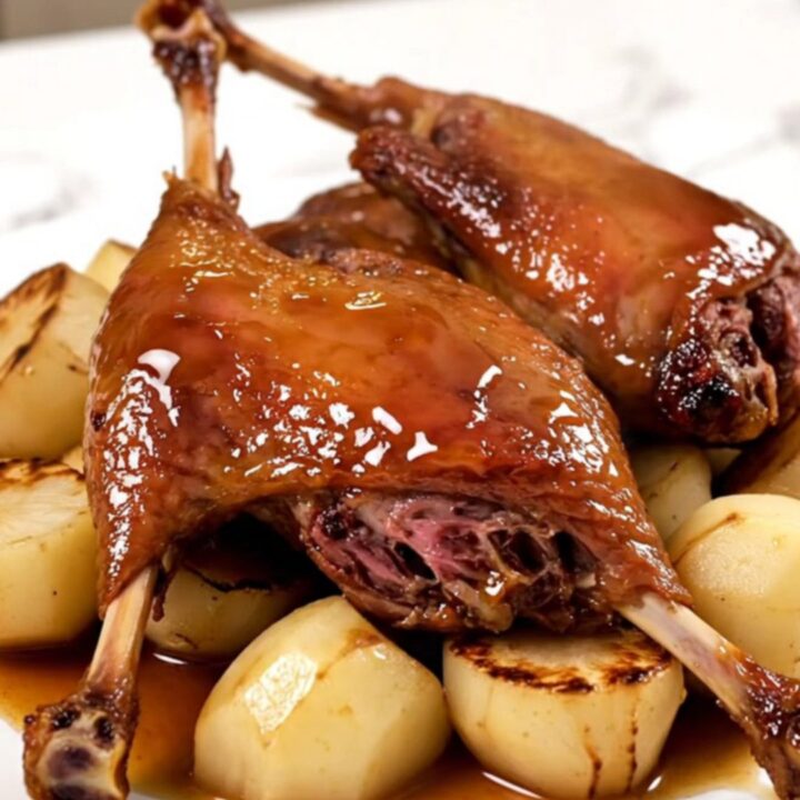 A slow cooker filled with raw duck legs and quartered turnips ready for cooking on a quartz countertop.
