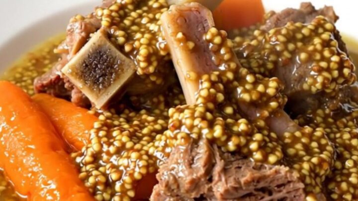 A close-up of a bowl of slow cooker lamb stew with visible carrots and mustard sauce.