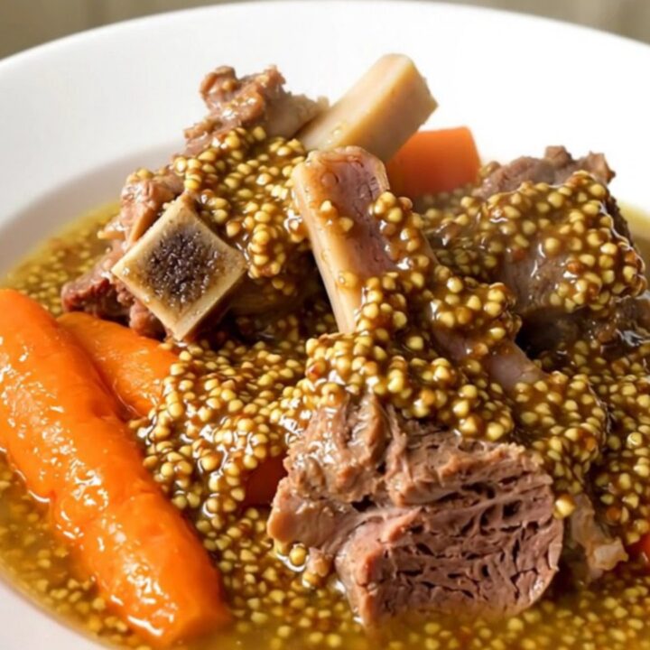 A close-up of a bowl of slow cooker lamb stew with visible carrots and mustard sauce.