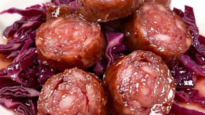 A close-up of sliced Morteau sausage served over a mound of tender, purple braised red cabbage on a white plate.