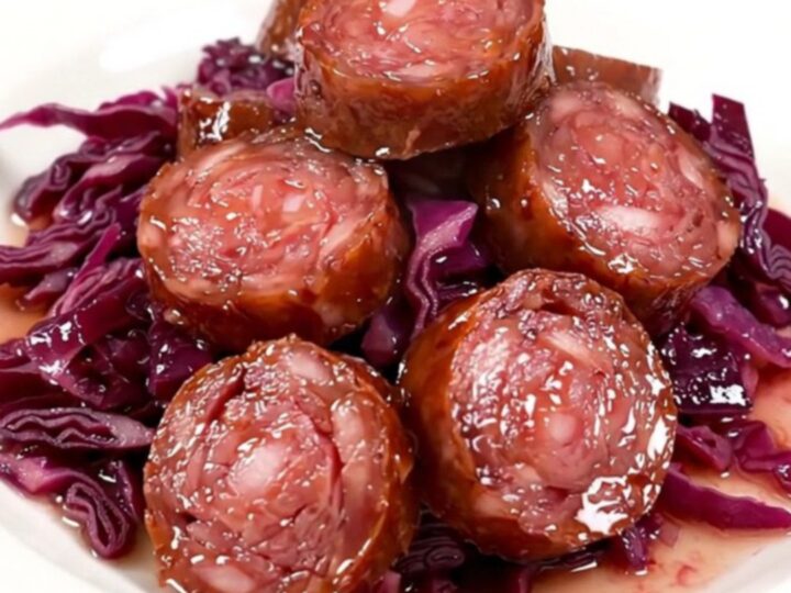 A close-up of sliced Morteau sausage served over a mound of tender, purple braised red cabbage on a white plate.