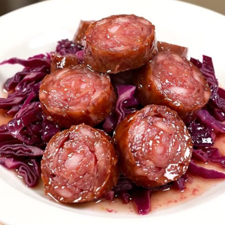 A close-up of sliced Morteau sausage served over a mound of tender, purple braised red cabbage on a white plate.