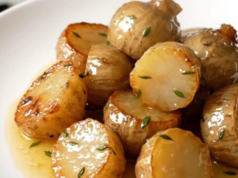 A close-up of tender, glossy caramelized turnip quarters on a white plate with fresh thyme.