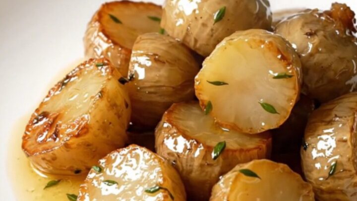 A close-up of tender, glossy caramelized turnip quarters on a white plate with fresh thyme.
