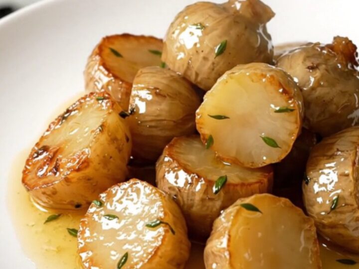 A close-up of tender, glossy caramelized turnip quarters on a white plate with fresh thyme.