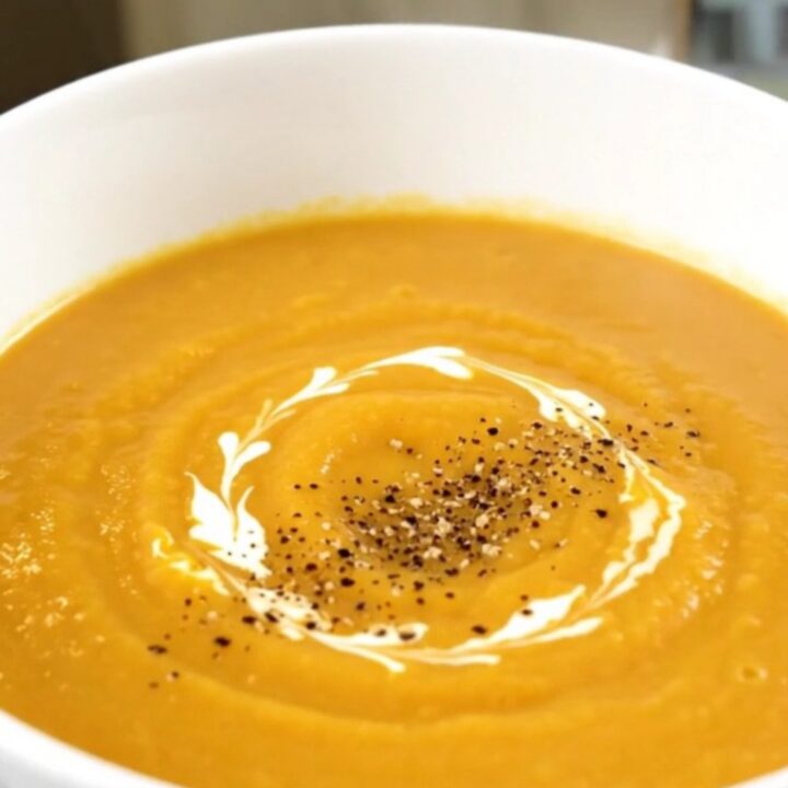 A bowl of silky, creamy turnip and carrot soup garnished with a swirl of cream and black pepper.
