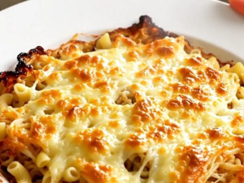A close-up of a steaming bowl of creamy macaroni pasta with melted Comté cheese and diced ham.