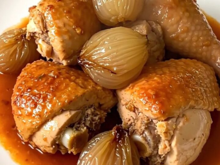 A slow cooker filled with chicken thighs, shallots, and a rich red wine vinegar sauce.