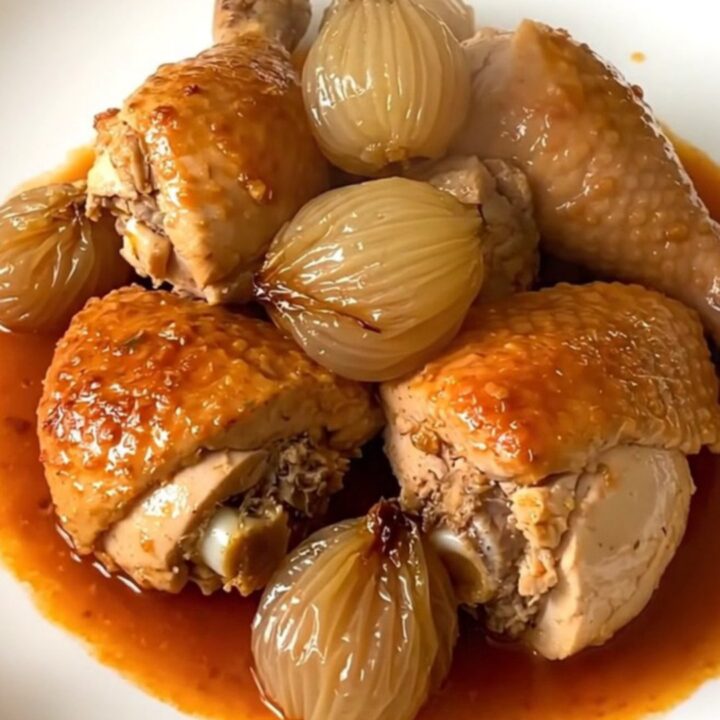 A slow cooker filled with chicken thighs, shallots, and a rich red wine vinegar sauce.