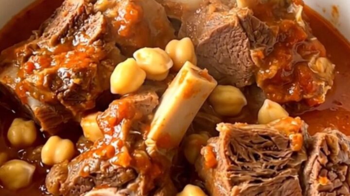 A steaming bowl of lamb neck stew with chickpeas in a rich tomato sauce against a cream-colored kitchen background.