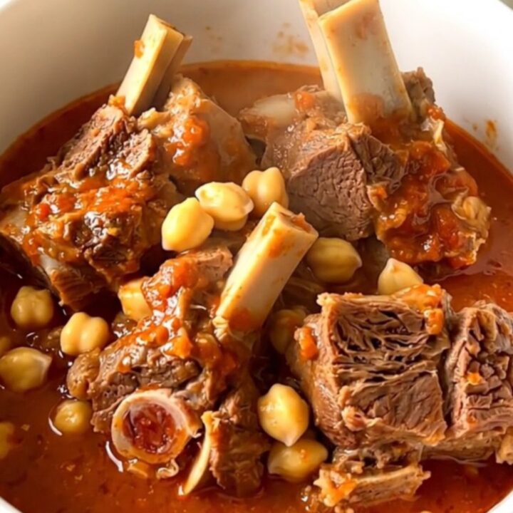 A steaming bowl of lamb neck stew with chickpeas in a rich tomato sauce against a cream-colored kitchen background.