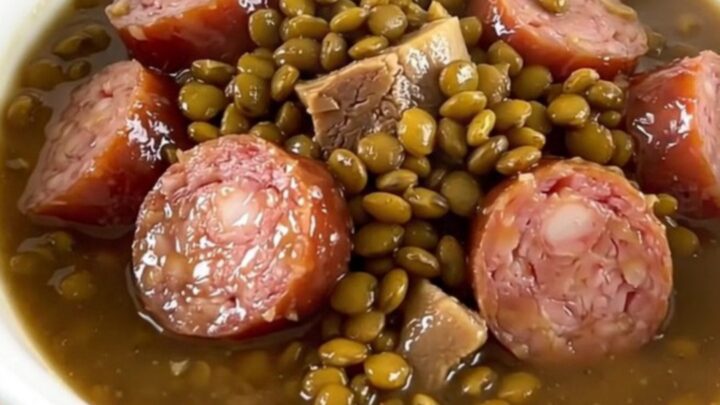 A rustic, steaming bowl of French potée berrichonne featuring lentils, sliced smoked sausage, and carrots.