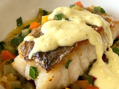 A top-down view of raw cod fillets, sliced leeks, and celery in a slow cooker topped with creamy aioli.