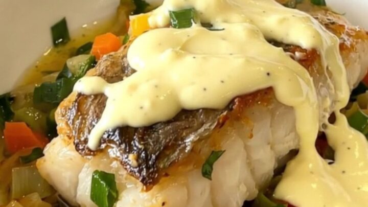 A top-down view of raw cod fillets, sliced leeks, and celery in a slow cooker topped with creamy aioli.