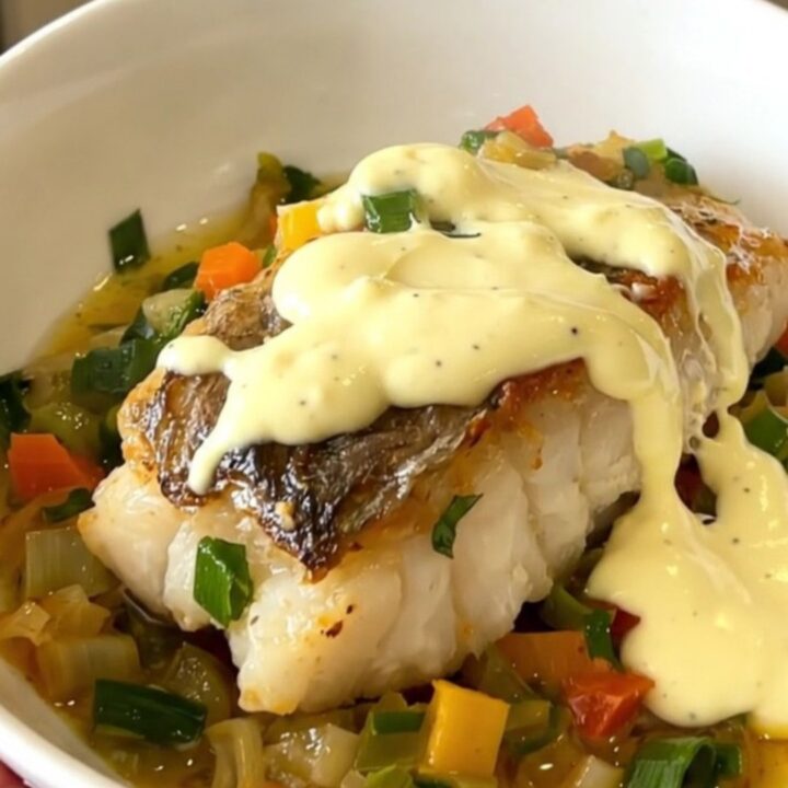 A top-down view of raw cod fillets, sliced leeks, and celery in a slow cooker topped with creamy aioli.