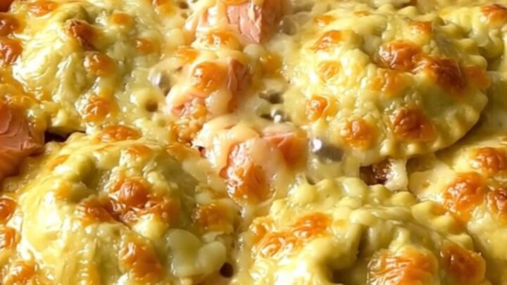 A close-up of a golden, creamy salmon and leek gratin served in a white bowl.