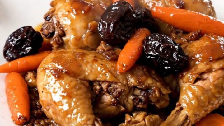 A close-up of tender, glazed chicken thighs with sliced carrots and prunes in a slow cooker.