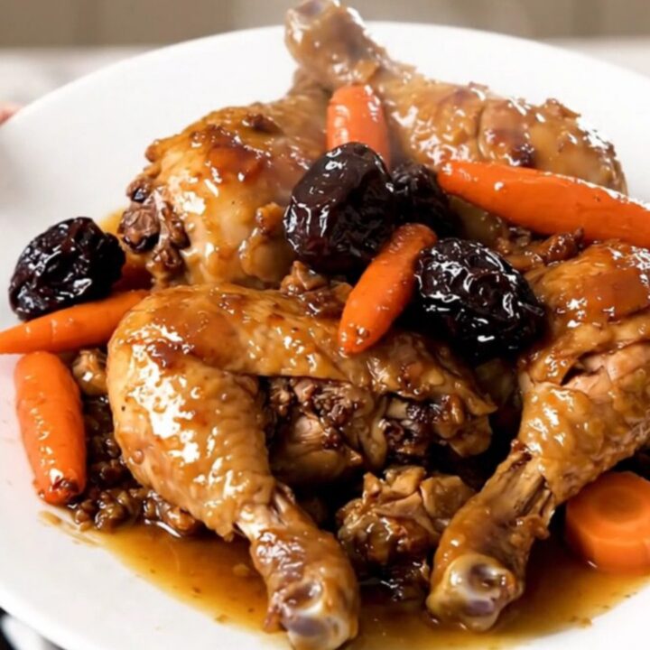 A close-up of tender, glazed chicken thighs with sliced carrots and prunes in a slow cooker.