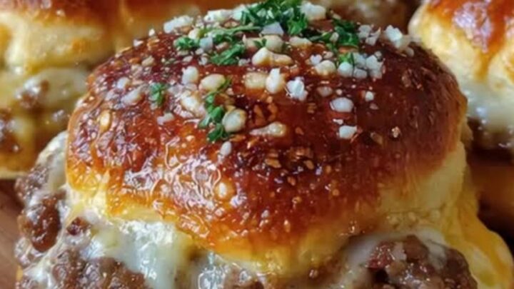 A golden, buttery cheeseburger bomb pulled open to reveal savory beef and melted cheese.