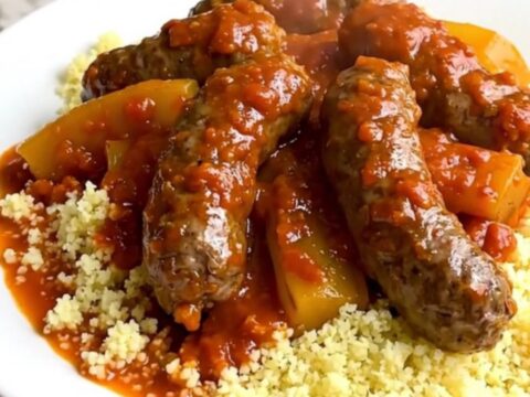A slow cooker filled with merguez sausages and colorful vegetables in a rich tomato sauce.
