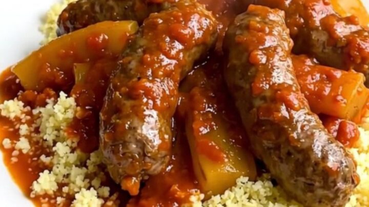 A slow cooker filled with merguez sausages and colorful vegetables in a rich tomato sauce.