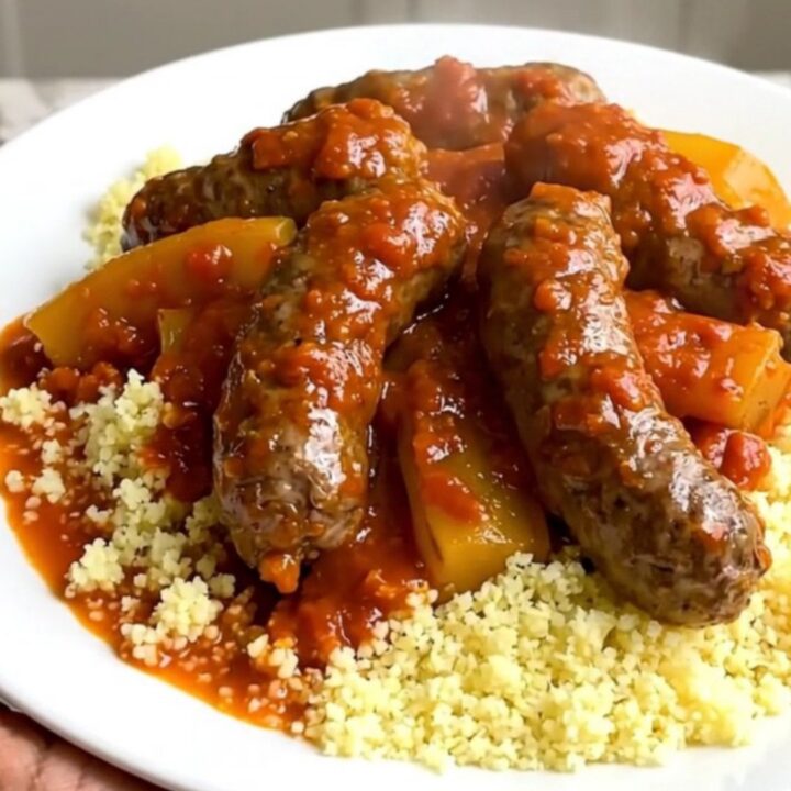 A slow cooker filled with merguez sausages and colorful vegetables in a rich tomato sauce.