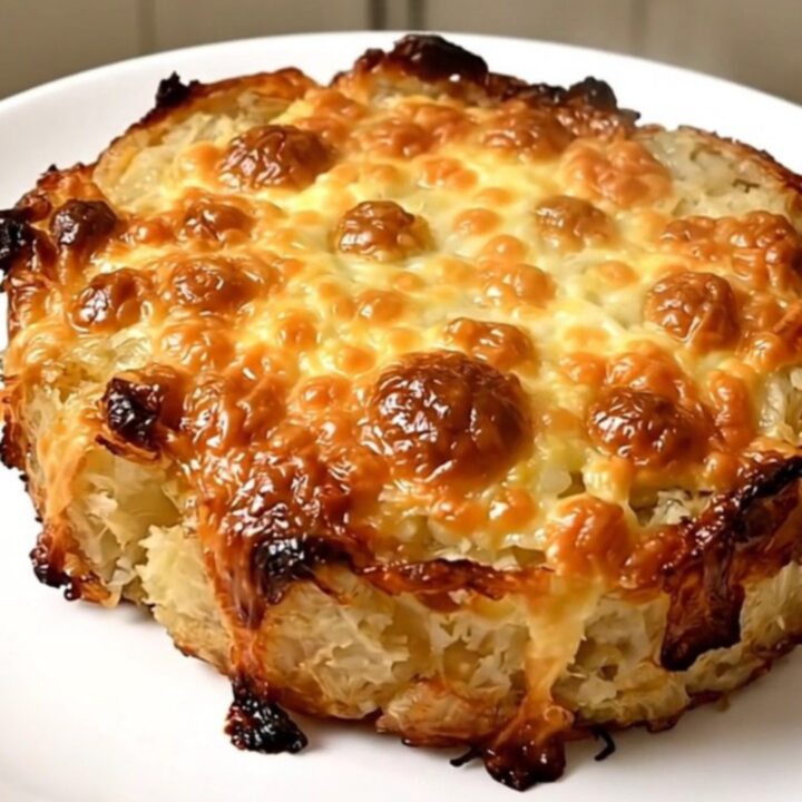 A top-down view of a black slow cooker filled with layered sliced potatoes, cheese, and broth.