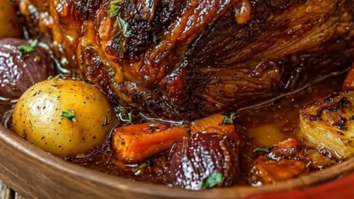 A rustic baking dish featuring a tender, herb-crusted pot roast surrounded by roasted potatoes, carrots, and onions.