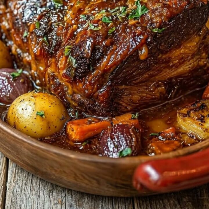 A rustic baking dish featuring a tender, herb-crusted pot roast surrounded by roasted potatoes, carrots, and onions.