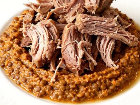 A close-up of tender, shredded pork shoulder served with a creamy red lentil and carrot puree on a white plate.