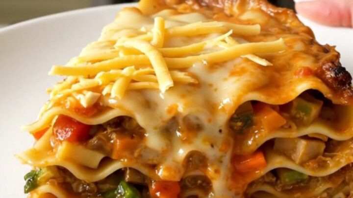 A steaming, glossy slice of autumn vegetable lasagna served on a plain white plate.