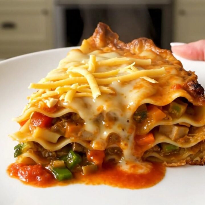 A steaming, glossy slice of autumn vegetable lasagna served on a plain white plate.