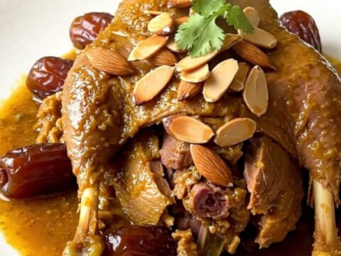 A glossy, slow-cooked duck tagine served on a white plate with visible dates and toasted almonds.