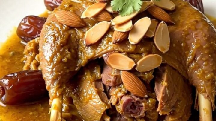 A glossy, slow-cooked duck tagine served on a white plate with visible dates and toasted almonds.