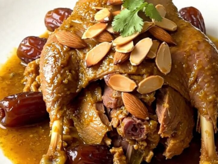 A glossy, slow-cooked duck tagine served on a white plate with visible dates and toasted almonds.