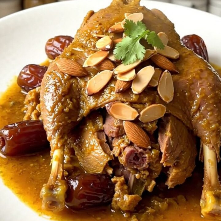 A glossy, slow-cooked duck tagine served on a white plate with visible dates and toasted almonds.