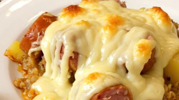 A top-down view of a slow cooker filled with layers of sliced smoked sausage, potatoes, and melted cancoillotte cheese.