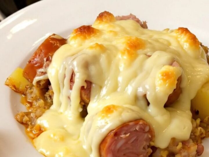A top-down view of a slow cooker filled with layers of sliced smoked sausage, potatoes, and melted cancoillotte cheese.