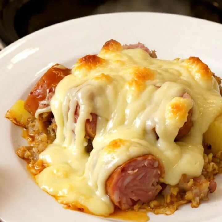 A top-down view of a slow cooker filled with layers of sliced smoked sausage, potatoes, and melted cancoillotte cheese.
