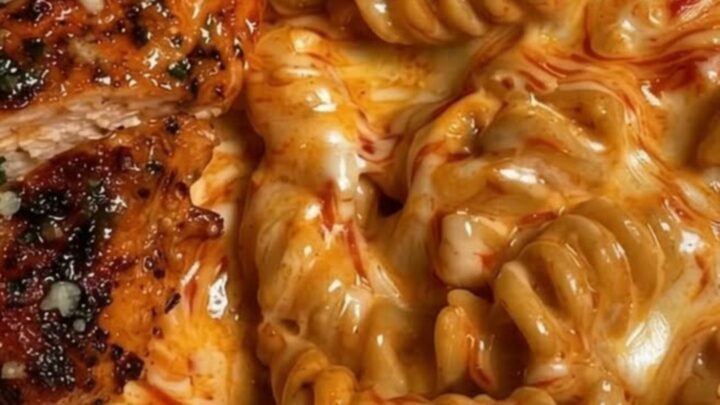 A close-up of creamy Cajun chicken pasta with melted parmesan on a white plate.