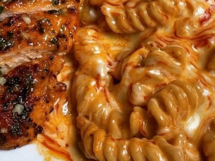 A close-up of creamy Cajun chicken pasta with melted parmesan on a white plate.