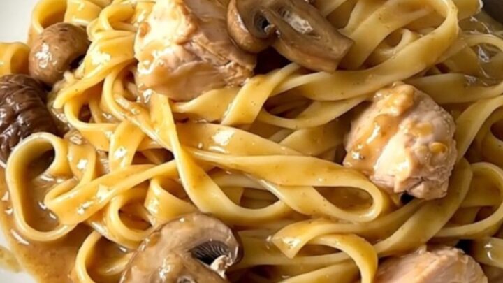 A top-down view of a slow cooker filled with raw chicken, sliced forest mushrooms, and water.