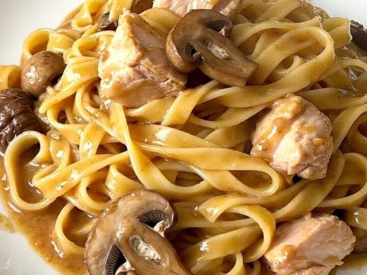 A top-down view of a slow cooker filled with raw chicken, sliced forest mushrooms, and water.