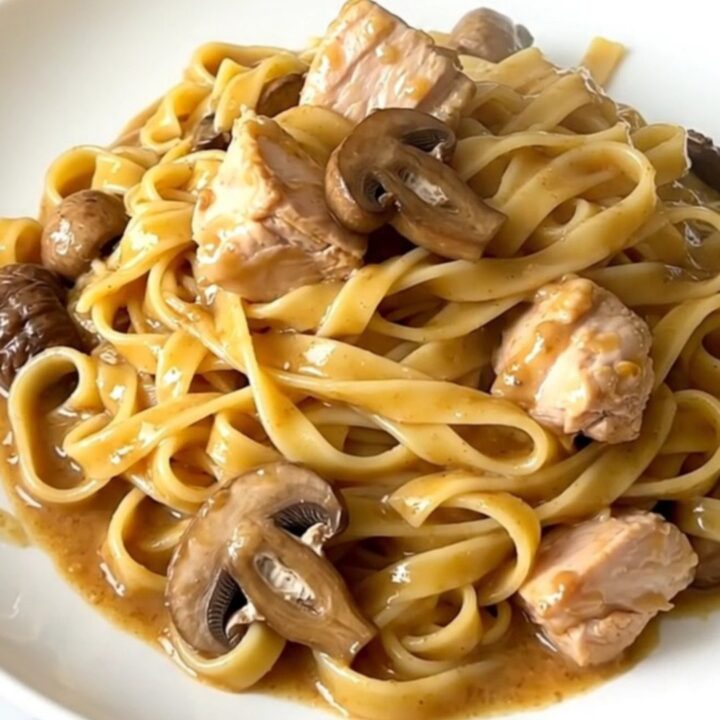 A top-down view of a slow cooker filled with raw chicken, sliced forest mushrooms, and water.