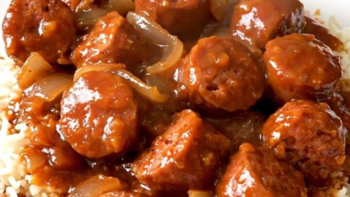 A close-up of a steaming bowl of Creole sausage rougail served over fluffy white rice.