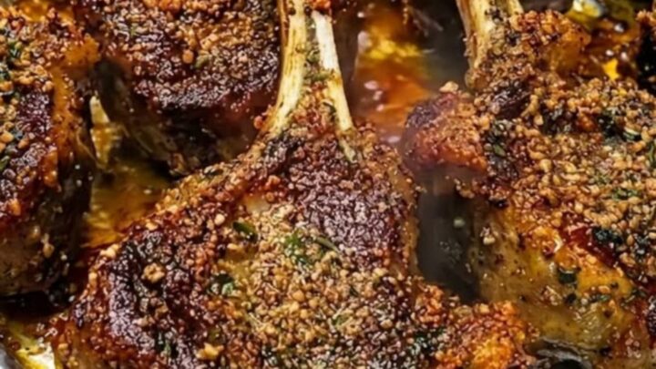 Close-up of a herb and sesame crusted lamb chop showing the golden brown crust.