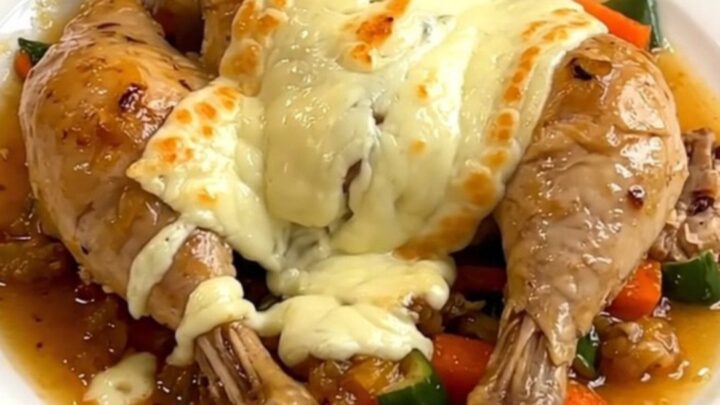A close-up of a serving of Savoyard chicken with melted Reblochon cheese in a white bowl.