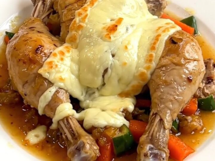 A close-up of a serving of Savoyard chicken with melted Reblochon cheese in a white bowl.