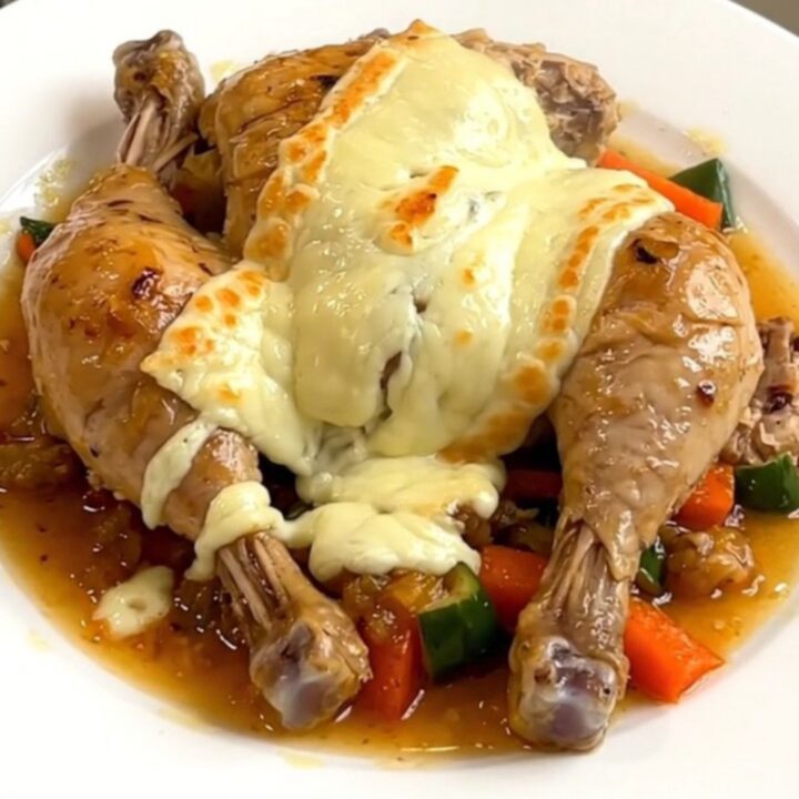 A close-up of a serving of Savoyard chicken with melted Reblochon cheese in a white bowl.