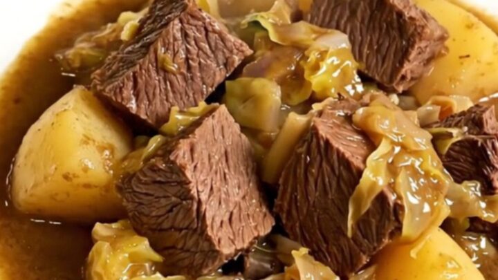 A bowl of slow cooker beef and cabbage stew with tender meat and vegetables in a savory broth.